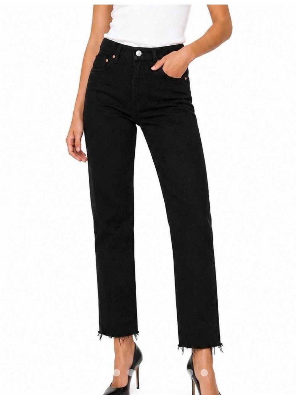 RE/DONE 70s stove pipe high rise frayed hem crop black jeans size 28